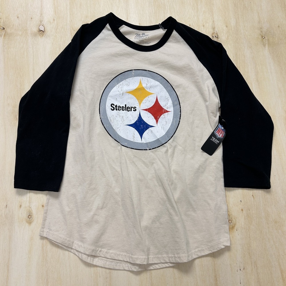 Pittsburgh Steelers‎ Shirt Mens Medium Beige Black NFL Football Majestic Threads